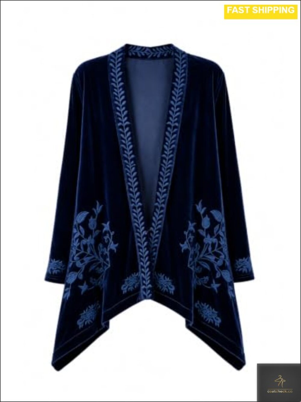 Embroidered Velvet Kimono Cardigan Open Front Duster Top